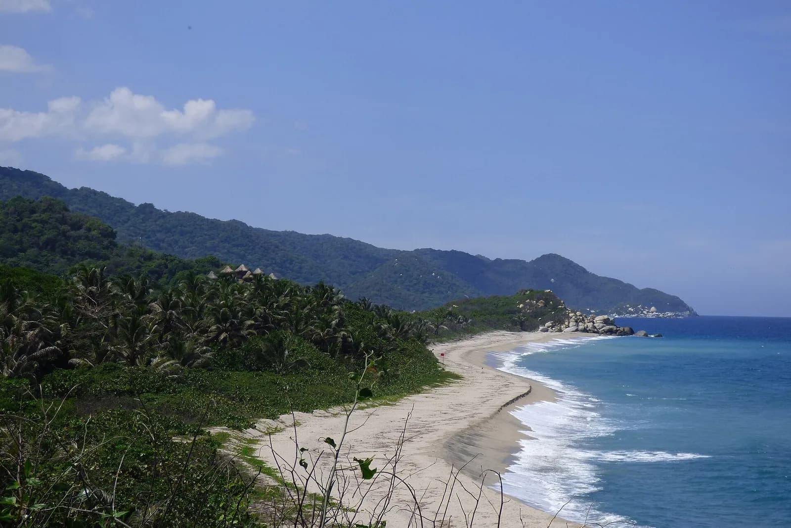 Bahía de arena y mar azul entre montañas verdes en el Parque Nacional Tayrona